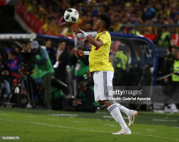Johan Mojica of Colombia controls the ball during a training session open to the public as part of the preparation for FIFA World Cup Russia 2018 on...
