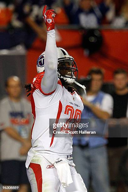 Chris Johnson of the Tennessee Titans celebrates after scoring a touchdown during the 2010 AFC-NFC Pro Bowl at Sun Life Stadium on January 31, 2010...