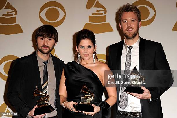 Dave Haywood, Hilllary Scott and Charles Kelley of Lady Antebellum poses in the press room at the 52nd Annual GRAMMY Awards held at Staples Center on...