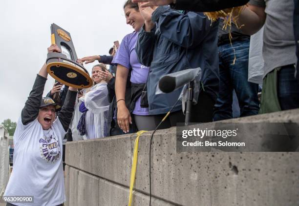 Head coach Shelley Klaes-Bawcombe of the James Madison Dukes with the national championship trophy after wining the Division I Women's Lacrosse...