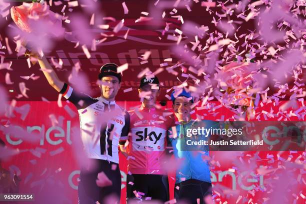 Podium / Tom Dumoulin of The Netherlands and Team Sunweb / Christopher Froome of Great Britain Pink Leader Jersey / Miguel Angel Lopez of Colombia...