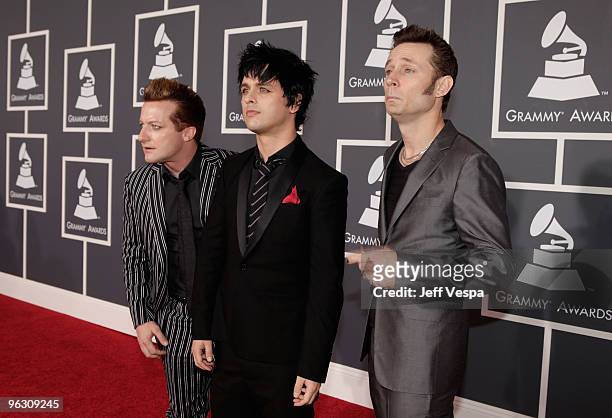 Musicians Tre Cool, Billie Joe Armstrong and Mike Dirnt of Green Day arrive at the 52nd Annual GRAMMY Awards held at Staples Center on January 31,...