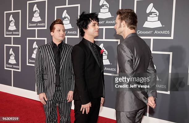 Musicians Tre Cool, Billie Joe Armstrong and Mike Dirnt of Green Day arrive at the 52nd Annual GRAMMY Awards held at Staples Center on January 31,...