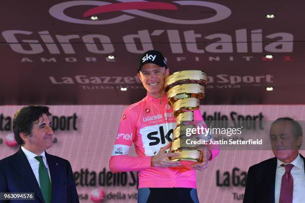 Podium / Urbano Cairo of Italy RCS President / Christopher Froome of Great Britain Pink Leader Jersey / Celebration / Trofeo Senza Fine / Mauro Vegni...