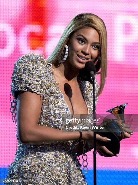 Singer Beyonce Knowles accepts the Best Female Pop Vocal Performance award onstage during the 52nd Annual GRAMMY Awards held at Staples Center on...