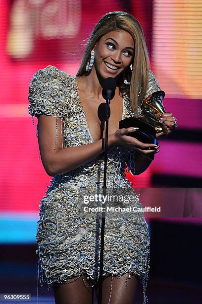 Singer Beyonce receives an award onstage at the 52nd Annual GRAMMY Awards held at Staples Center on January 31, 2010 in Los Angeles, California.