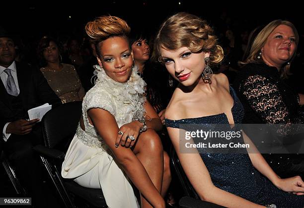 Musicians Rihanna and Taylor Swift attend the 52nd Annual GRAMMY Awards held at Staples Center on January 31, 2010 in Los Angeles, California.