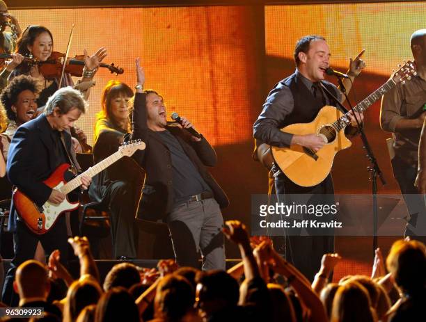 Musicians Tim Reynolds, Dave Matthews and the Grammy Jazz Ensemble perform onstage during the 52nd Annual GRAMMY Awards held at Staples Center on...