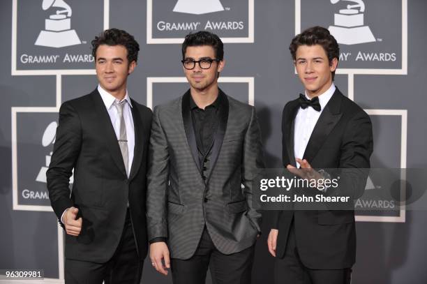 Musicians Kevin Jonas, Joe Jonas and Nick Jonas of Jonas Brothers arrive at the 52nd Annual GRAMMY Awards held at Staples Center on January 31, 2010...