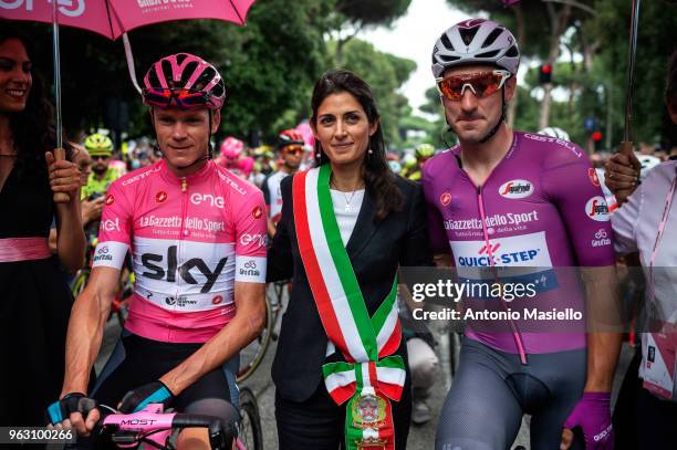 Christopher Froome of Team Sky, the mayor of Rome, Virginia Raggi and Elia Viviani of Quick-Step team before the 21st and last stage of the 101st...
