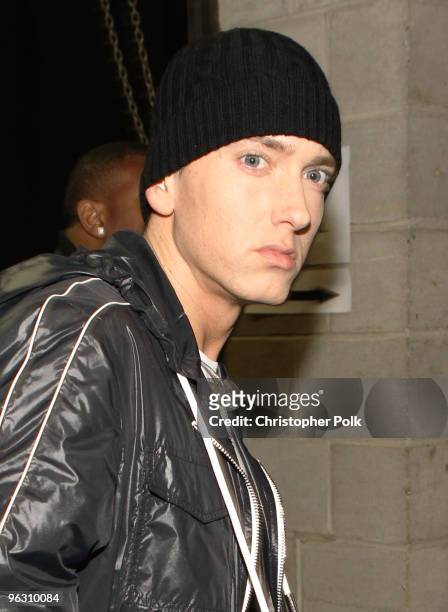 Rapper Eminem backstage during the 52nd Annual GRAMMY Awards held at Staples Center on January 31, 2010 in Los Angeles, California.