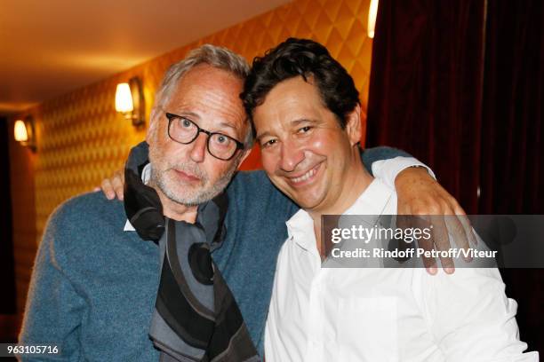 Actor Fabrice Luchini and Imitator Laurent Gerra attend "Sans Moderation" Laurent Gerra show at Casino de Paris on May 22, 2018 in Paris, France.