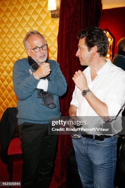 Actor Fabrice Luchini and Imitator Laurent Gerra attend "Sans Moderation" Laurent Gerra show at Casino de Paris on May 22, 2018 in Paris, France.