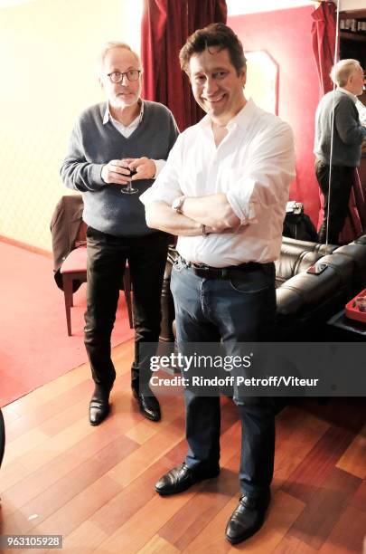 Actor Fabrice Luchini and Imitator Laurent Gerra attend "Sans Moderation" Laurent Gerra show at Casino de Paris on May 22, 2018 in Paris, France.