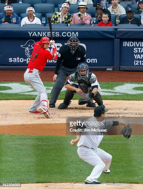 Shohei Ohtani of the Los Angeles Angels of Anaheim bats against Masahiro Tanaka of the New York Yankees during the first inning at Yankee Stadium on...