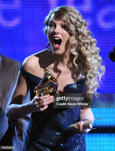 Singer Taylor Swift accepts the Album Of The Year award onstage during the 52nd Annual GRAMMY Awards held at Staples Center on January 31, 2010 in...