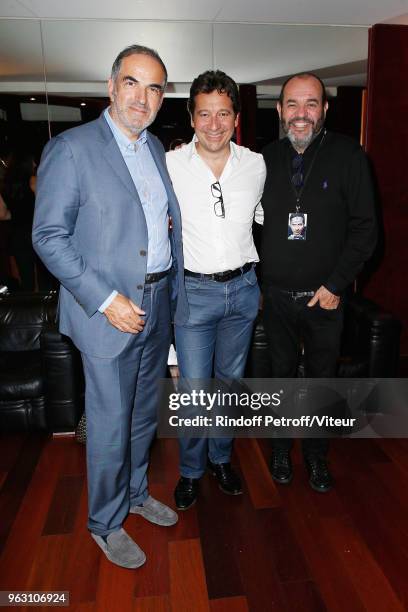 President of RTL Group Christopher Baldelli, Laurent Gerra and Producer Thierry Suc attend "Sans Moderation" Laurent Gerra show at Casino de Paris on...