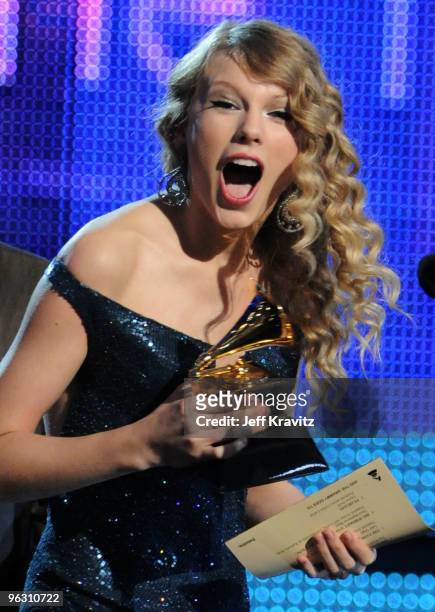 Musician Taylor Swift accepts an award onstage during the 52nd Annual GRAMMY Awards held at Staples Center on January 31, 2010 in Los Angeles,...