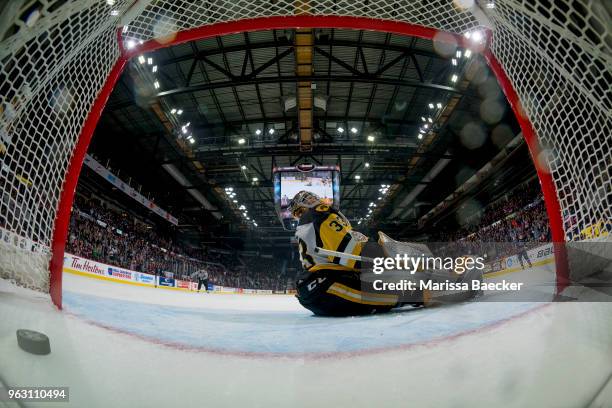 Kaden Fulcher of Hamilton Bulldogs misses a save against the Regina Pats at Brandt Centre - Evraz Place on May 25, 2018 in Regina, Canada.