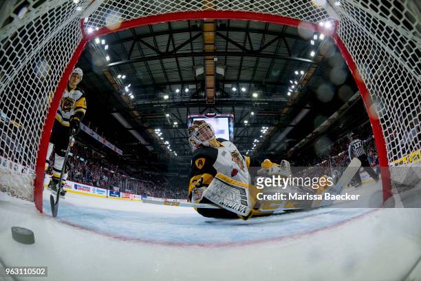 Kaden Fulcher of Hamilton Bulldogs misses a save against the Regina Pats at Brandt Centre - Evraz Place on May 25, 2018 in Regina, Canada.