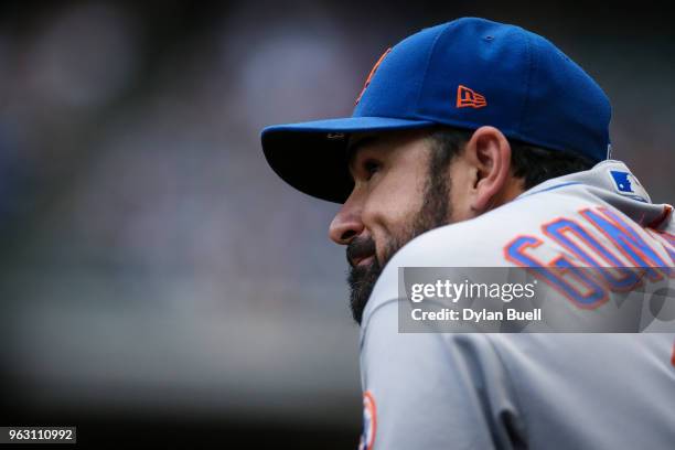 Adrian Gonzalez of the New York Mets lines out from the dugout in the first inning against the Milwaukee Brewers at Miller Park on May 25, 2018 in...