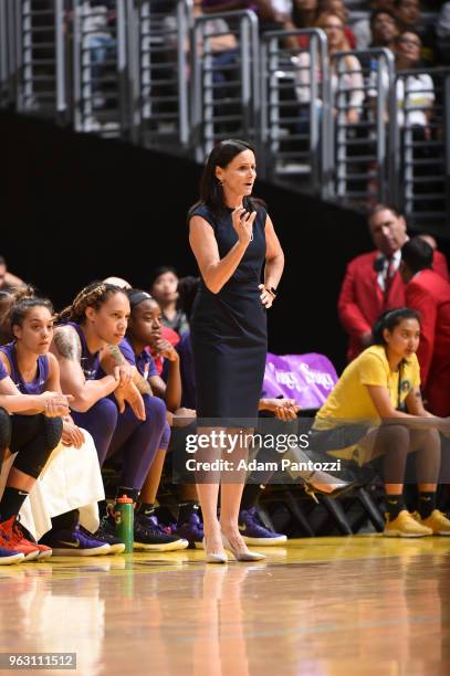 Sandy Brondello of the Phoenix Mercury reacts during game against the Los Angeles Sparks on May 27, 2018 at STAPLES Center in Los Angeles,...