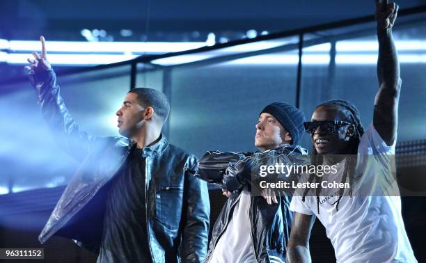 Rappers Drake, Eminem and Lil Wayne perform onstage at the 52nd Annual GRAMMY Awards held at Staples Center on January 31, 2010 in Los Angeles,...