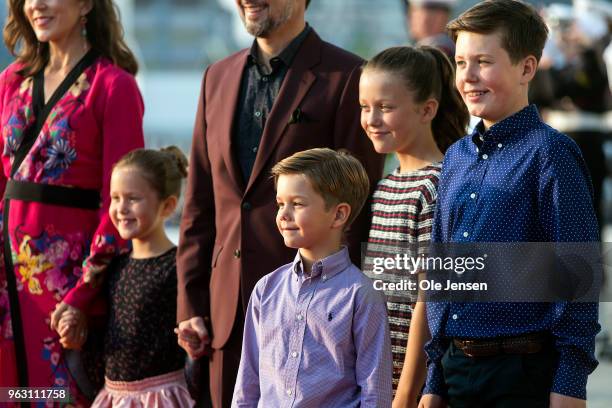 The Crown prince couples four children - - Prince Vincent, prince Christian, Princess Josephine, Princess Isabella - during arrival to the live...