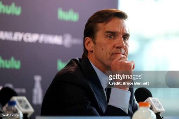 General manager George McPhee of the Vegas Golden Knights answers questions during Media Day for the 2018 NHL Stanley Cup Final at T-Mobile Arena on...