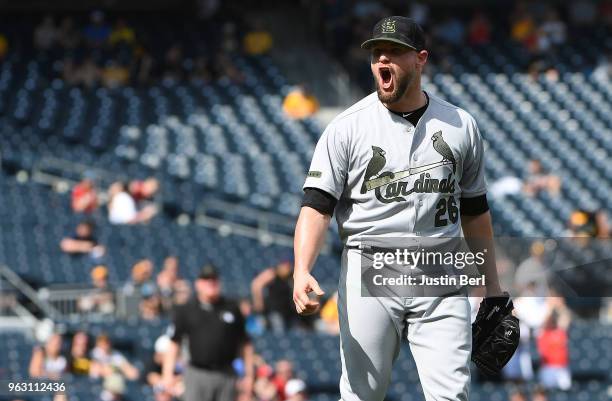 Bud Norris of the St. Louis Cardinals reacts after the final out in a 6-4 win over the Pittsburgh Pirates at PNC Park on May 27, 2018 in Pittsburgh,...