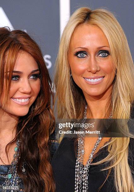 Miley Cyrus and her mother Tish Cyrus arrives at the 52nd Annual GRAMMY Awards held at Staples Center on January 31, 2010 in Los Angeles, California.