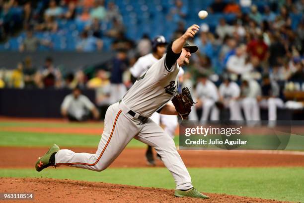 Mike Wright Jr. #43 of the Baltimore Orioles throws a pitch in the fifth inning on May 27, 2018 at Tropicana Field in St Petersburg, Florida. The...