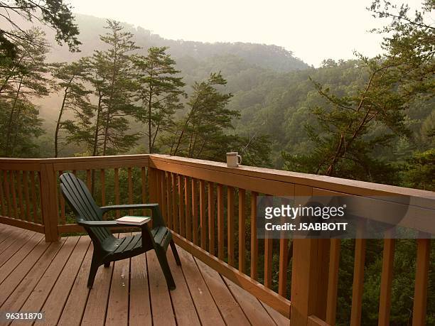 quiet mountain morning - coffee on patio stock pictures, royalty-free photos & images