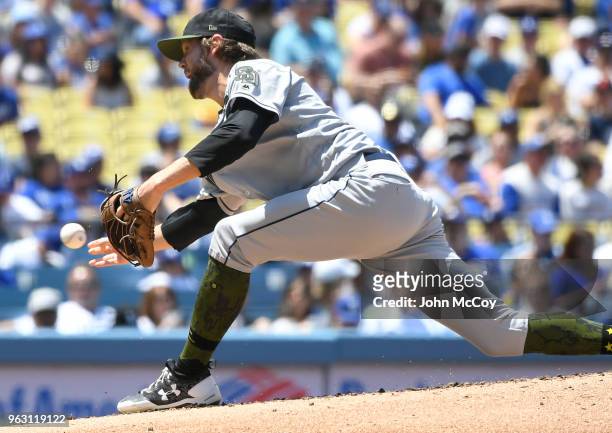 Adam Cimber pitches in the third inning against the Los Angeles Dodgers at Dodger Stadium on May 27, 2018 in Los Angeles, California.