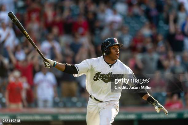 Greg Allen of the Cleveland Indians reacts after hitting a walk-off solo home run to defeat the Houston Astros in the 14th inning at Progressive...