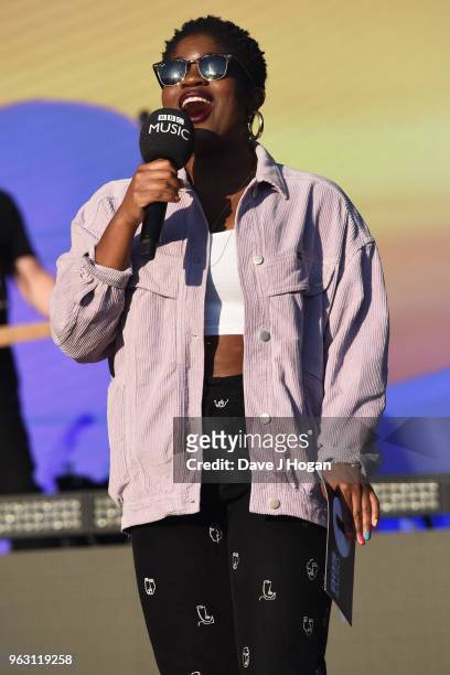 Clara Amfo speaks on stage during day 2 of BBC Radio 1's Biggest Weekend 2018 held at Singleton Park on May 27, 2018 in Swansea, Wales.