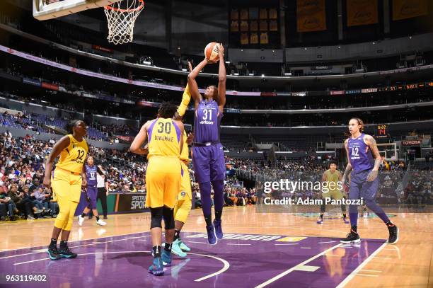 Sancho Lyttle of the Phoenix Mercury shoots the ball against the Los Angeles Sparks on May 27, 2018 at STAPLES Center in Los Angeles, California....