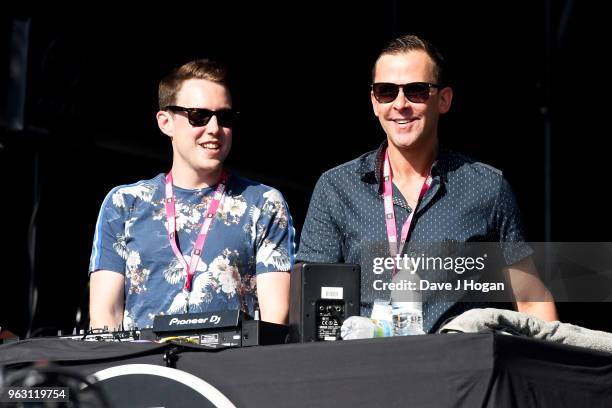 Chris Stark and Scott Mills on stage during day 2 of BBC Radio 1's Biggest Weekend 2018 held at Singleton Park on May 27, 2018 in Swansea, Wales.