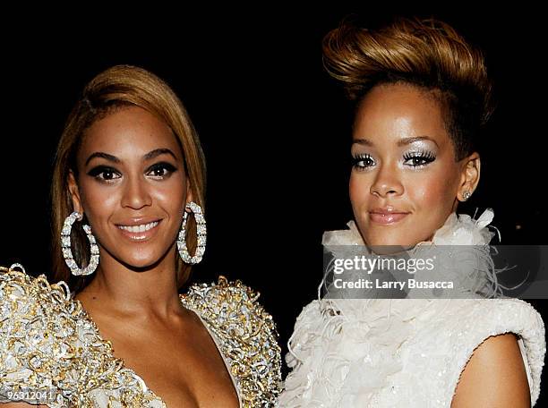 Singers Beyonce Knowles and Rihanna backstage during the 52nd Annual GRAMMY Awards held at Staples Center on January 31, 2010 in Los Angeles,...
