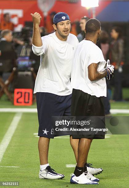 Tony Romo and DeSean Jackson are seen during the 2010 Pro Bowl pre-game at the Sun Life Stadium on January 31, 2010 in Miami Gardens, Florida.