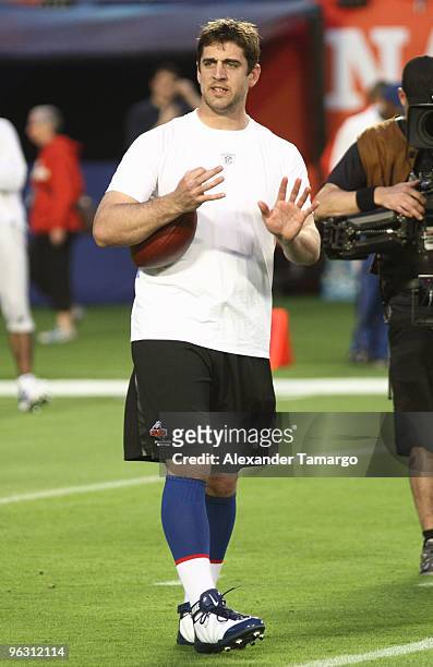 Aaron Rodgers is seen during the 2010 Pro Bowl pre-game at the Sun Life Stadium on January 31, 2010 in Miami Gardens, Florida.