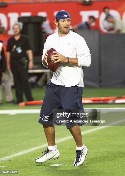 Tony Romo is seen during the 2010 Pro Bowl pre-game at the Sun Life Stadium on January 31, 2010 in Miami Gardens, Florida.