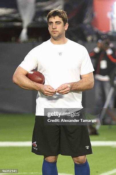 Aaron Rodgers is seen during the 2010 Pro Bowl pre-game at the Sun Life Stadium on January 31, 2010 in Miami Gardens, Florida.