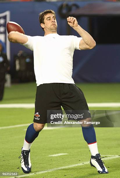 Aaron Rodgers is seen during the 2010 Pro Bowl pre-game at the Sun Life Stadium on January 31, 2010 in Miami Gardens, Florida.