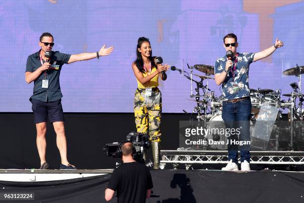 Scott Mills, Maya Jama and Chris Stark speak on stage during day 2 of BBC Radio 1's Biggest Weekend 2018 held at Singleton Park on May 27, 2018 in...