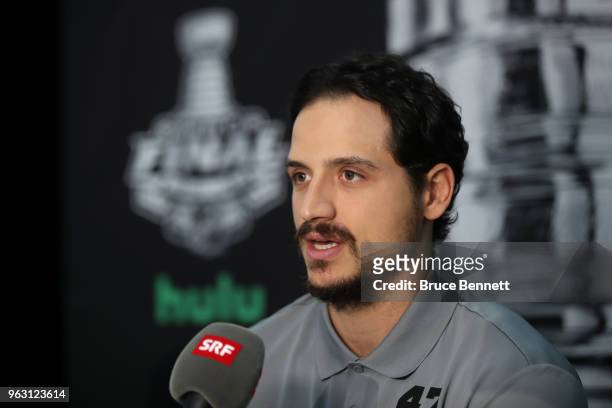 Luca Sbisa of the Vegas Golden Knights answers questions during Media Day for the 2018 NHL Stanley Cup Final at T-Mobile Arena on May 27, 2018 in Las...