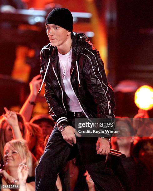 Rapper Eminem performs onstage during the 52nd Annual GRAMMY Awards held at Staples Center on January 31, 2010 in Los Angeles, California.