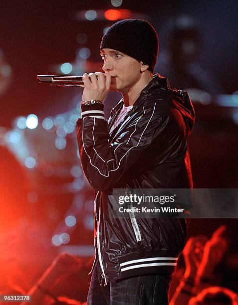 Rapper Eminem performs onstage during the 52nd Annual GRAMMY Awards held at Staples Center on January 31, 2010 in Los Angeles, California.