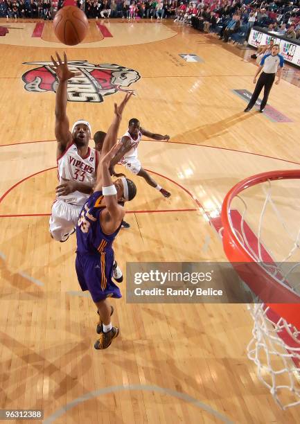 Michael Harris of the Rio Grande Valley Vipers shoots over Michael Harris of the Los Angeles D-Fenders during the NBA D-League game on January 31,...