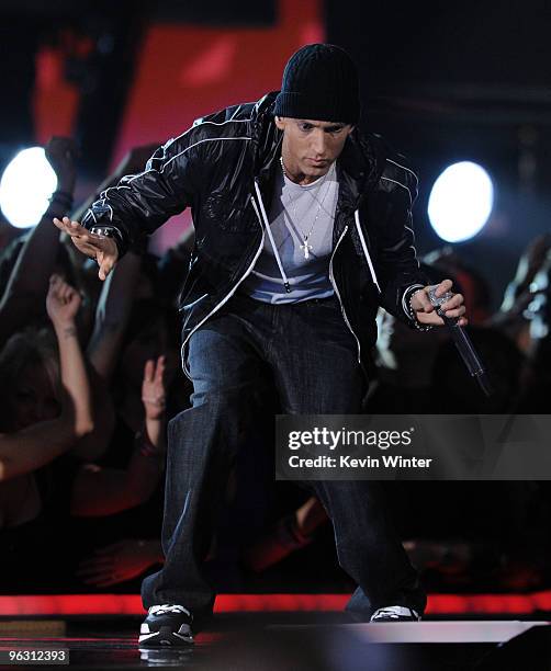 Rapper Eminem performs onstage during the 52nd Annual GRAMMY Awards held at Staples Center on January 31, 2010 in Los Angeles, California.